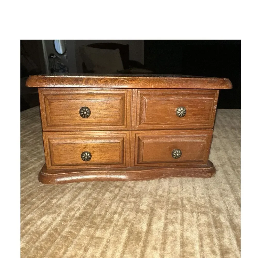 Vintage Small Wooden Jewelry Box w/ Mirror Velvet Lined Drawers Rectangle